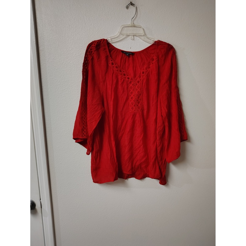 Zac & Rachel Woman Red Crochet Trim Peasant Blouse V-Neck‎ 3/4 Sleeve Top 1X